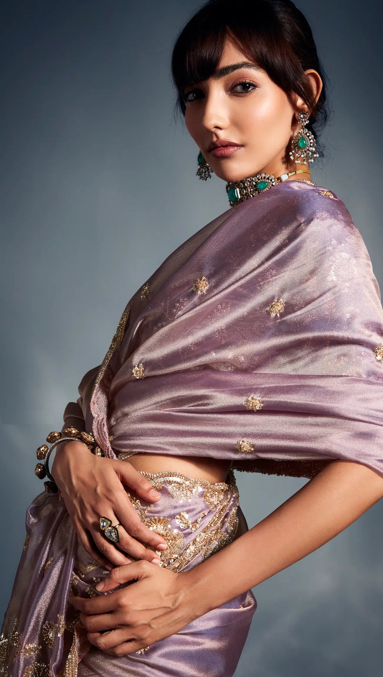Lavender Organza Tissue Khatli Work Saree - qivii