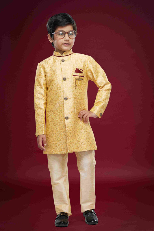Boy's Gold Banarasi Jacquard Woven Work Indo Western Set