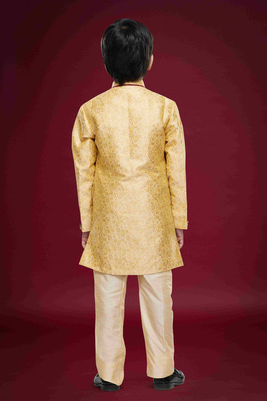 Boy's Gold Banarasi Jacquard Woven Work Indo Western Set