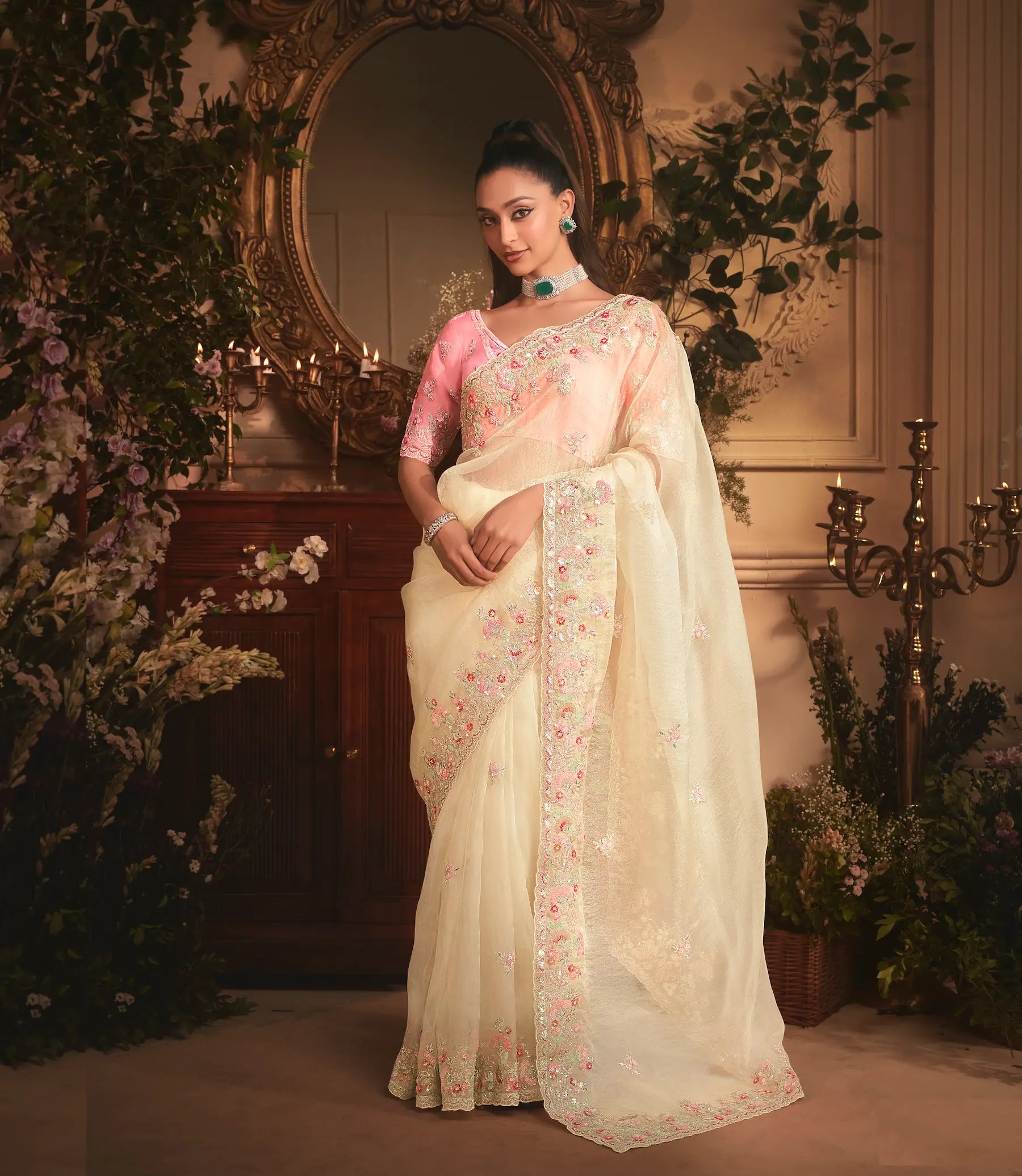 Vanilla White Tissue Organza Heavy Embroidery Saree - qivii