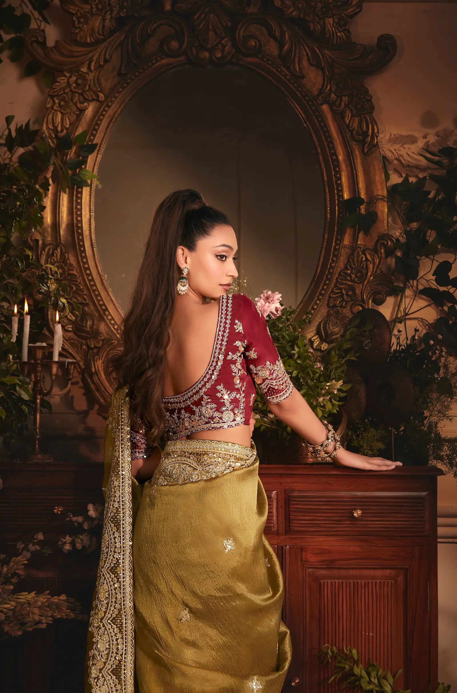 Golden Brown Tissue Organza Heavy Embroidery Saree - qivii