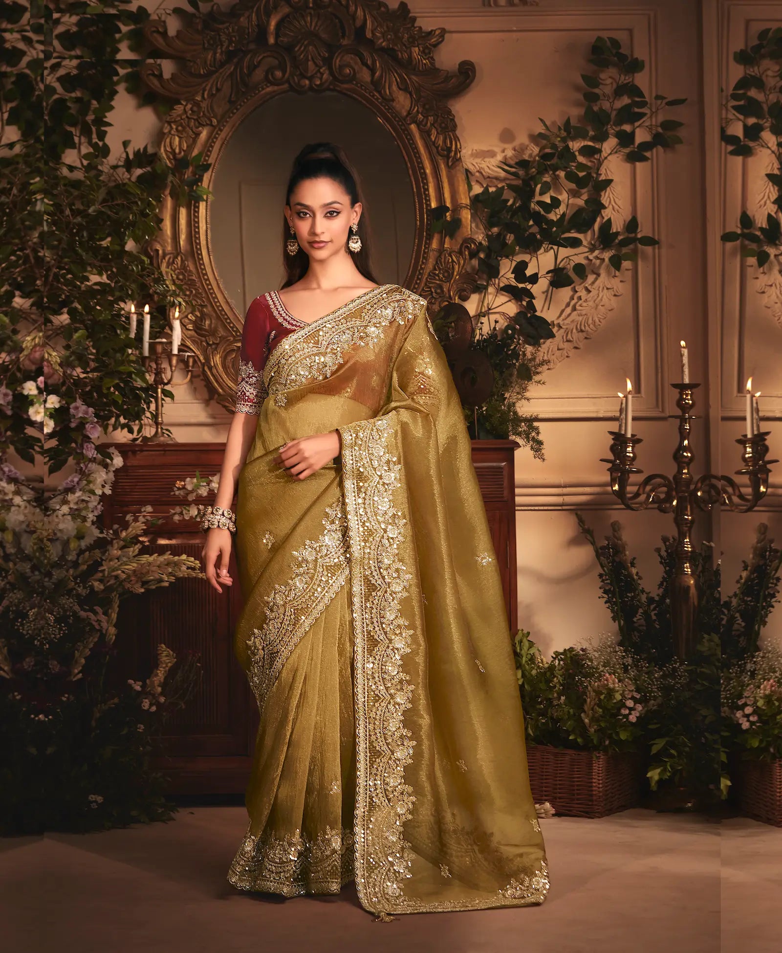 Golden Brown Tissue Organza Heavy Embroidery Saree - qivii