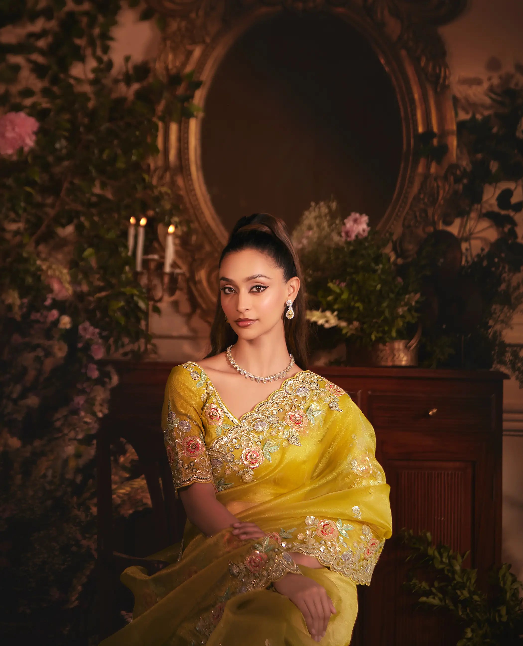 Fuel Yellow Tissue Organza Heavy Embroidery Saree - qivii