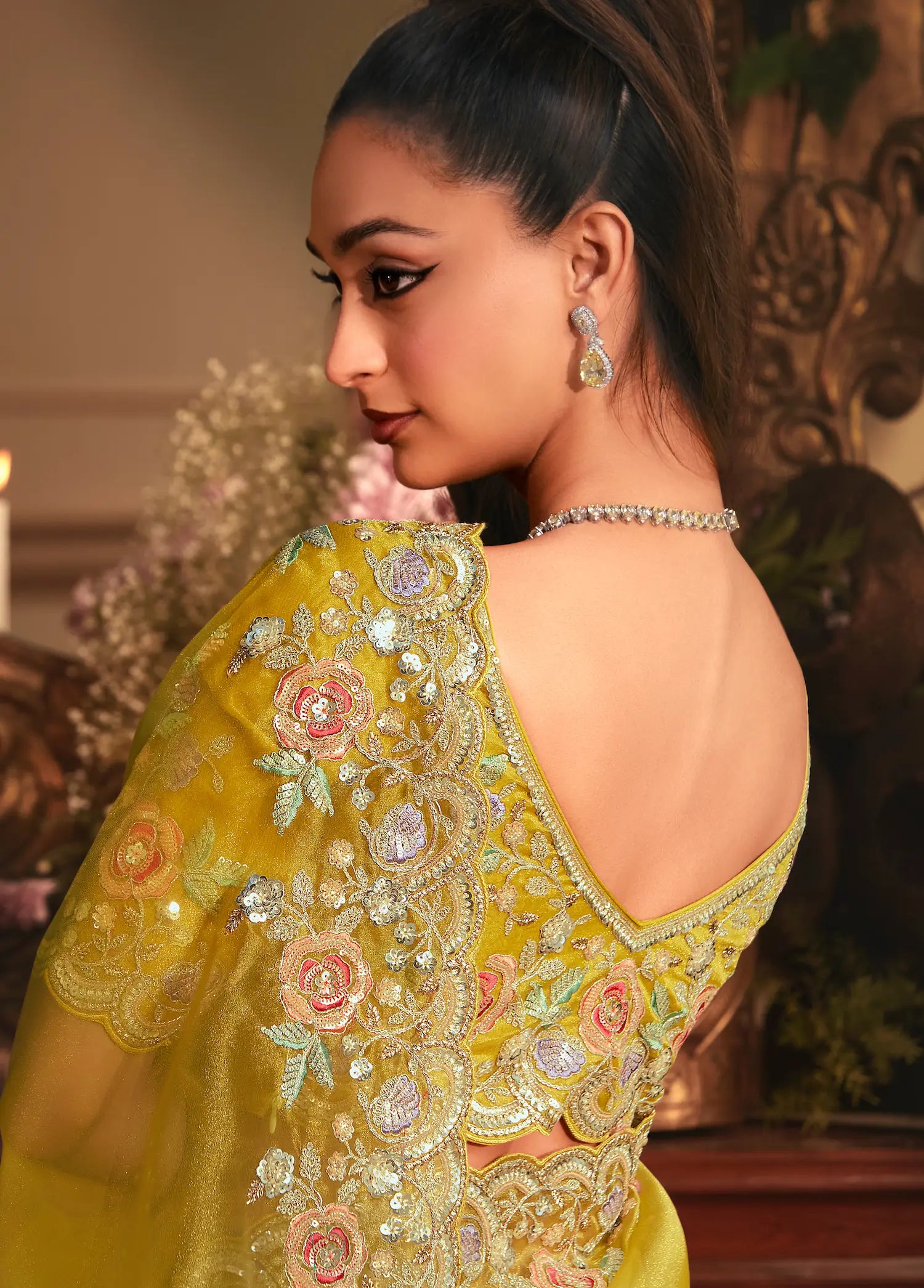Fuel Yellow Tissue Organza Heavy Embroidery Saree - qivii