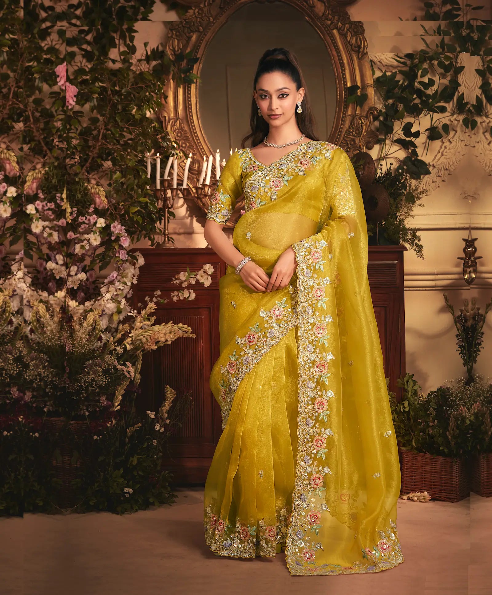 Fuel Yellow Tissue Organza Heavy Embroidery Saree - qivii
