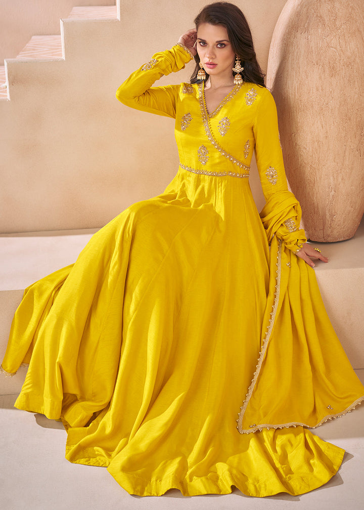 Cadmium Yellow Silk Anarkali Gown with Embroidery work