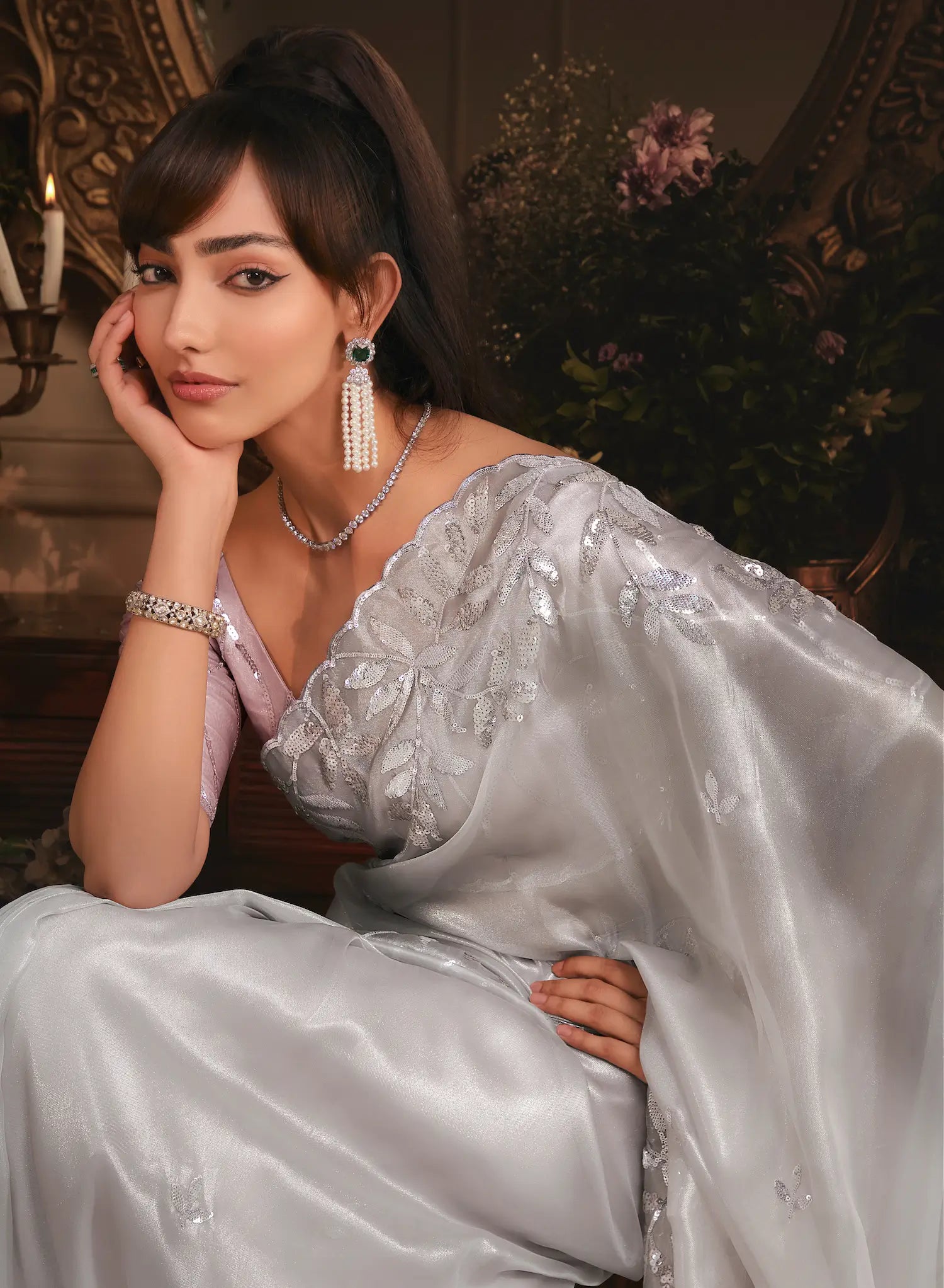 Silver Grey Tissue Organza Heavy Embroidery Saree - qivii