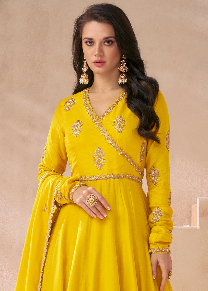 Cadmium Yellow Silk Anarkali Gown with Embroidery work