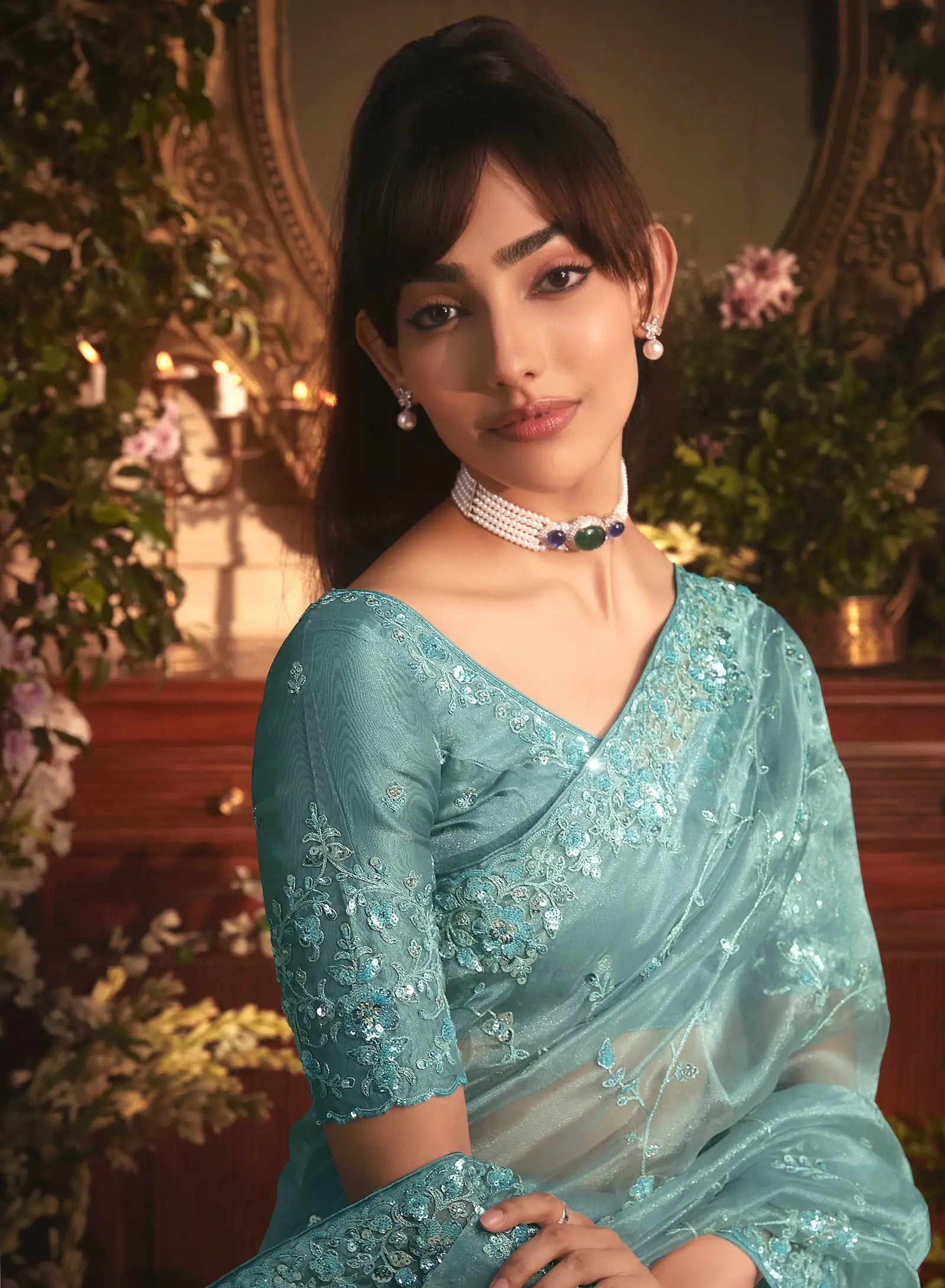 Greyish Teal Tissue Organza Heavy Embroidery Saree - qivii