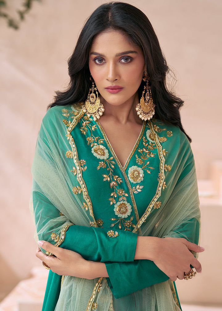 Cyan Green Silk Anarkali Gown with Embroidery work