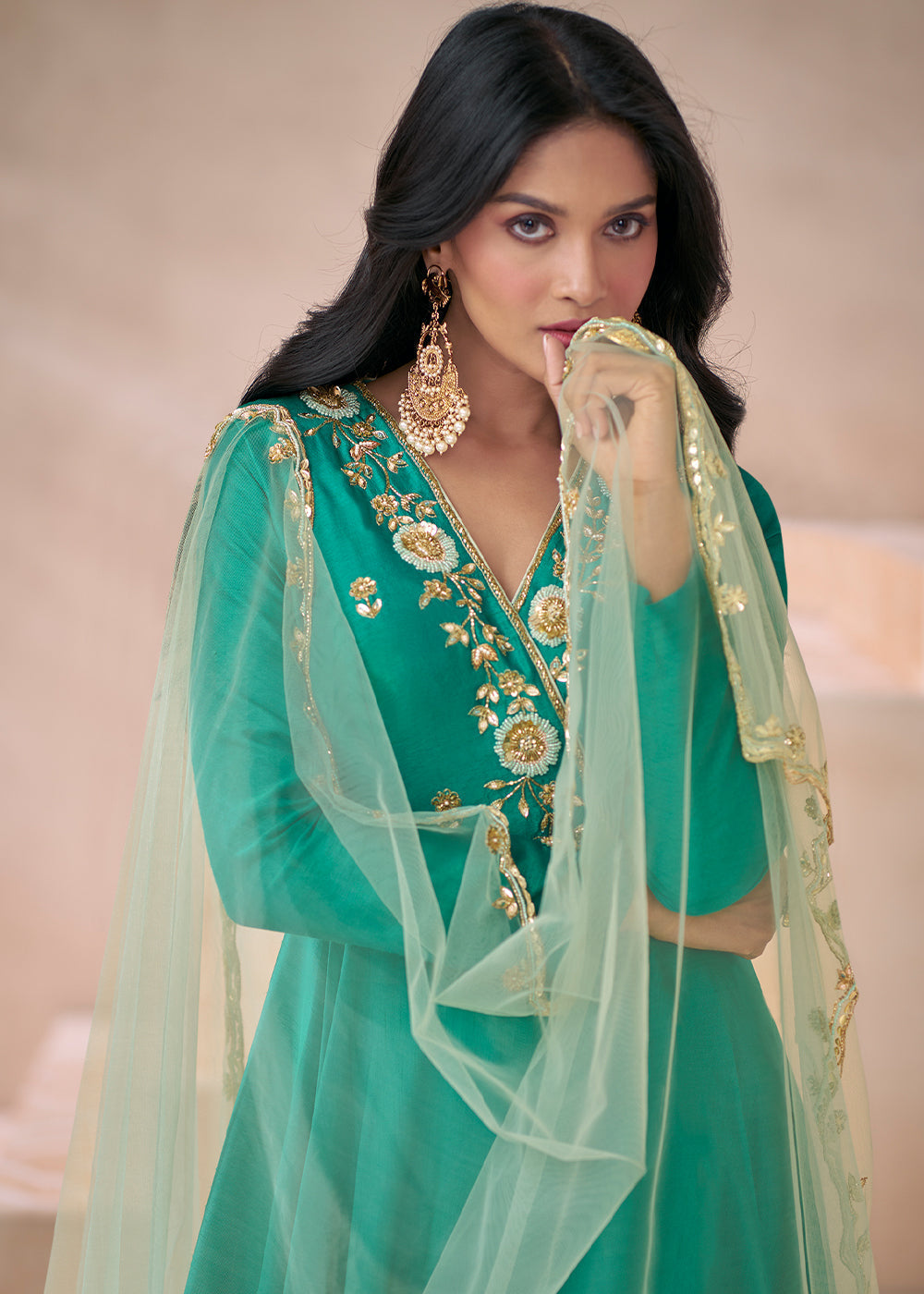 Cyan Green Silk Anarkali Gown with Embroidery work