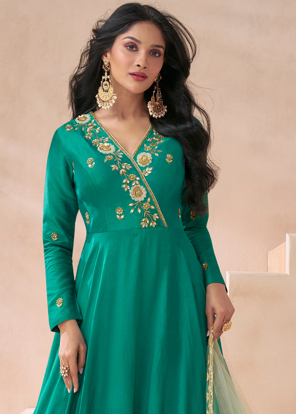 Cyan Green Silk Anarkali Gown with Embroidery work