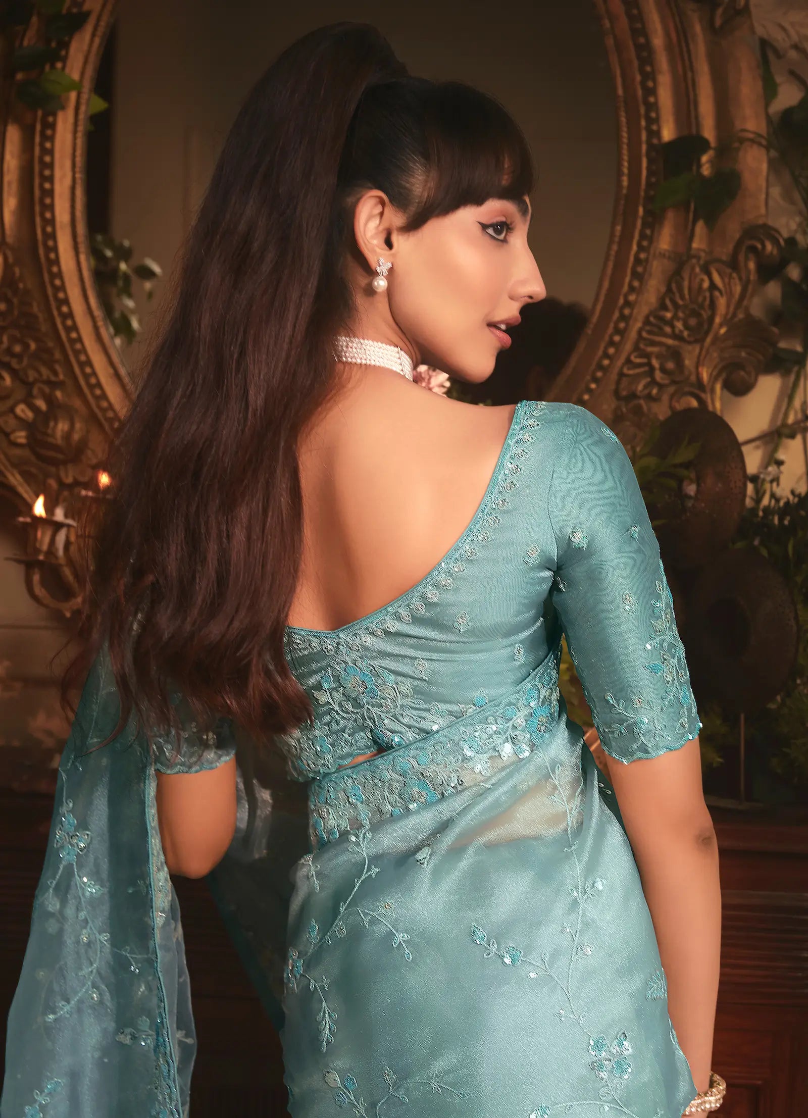 Greyish Teal Tissue Organza Heavy Embroidery Saree - qivii