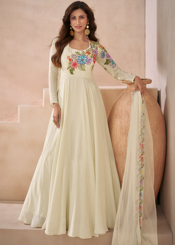 Pearl White Silk Anarkali Gown with Embroidery work