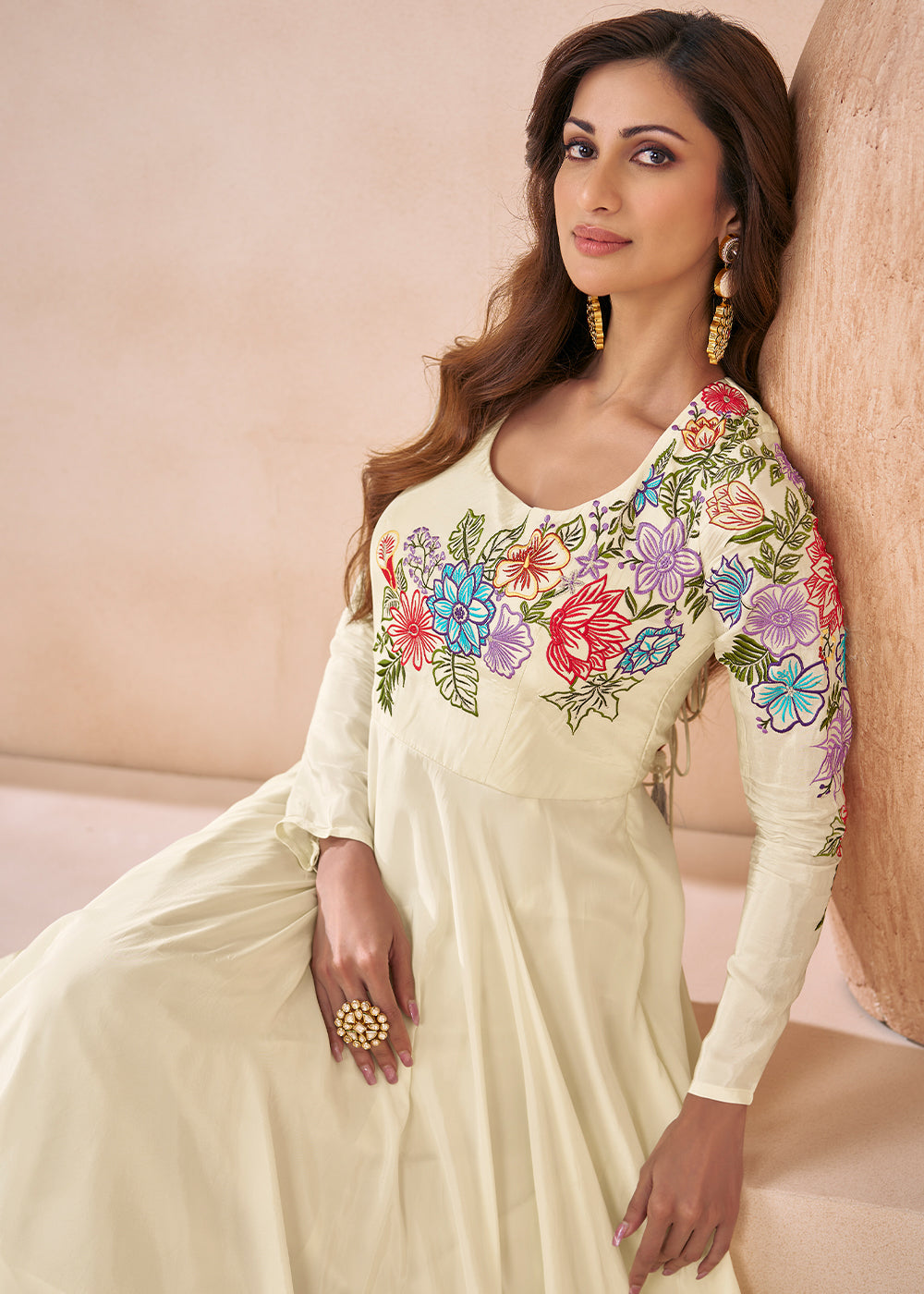 Pearl White Silk Anarkali Gown with Embroidery work - qivii