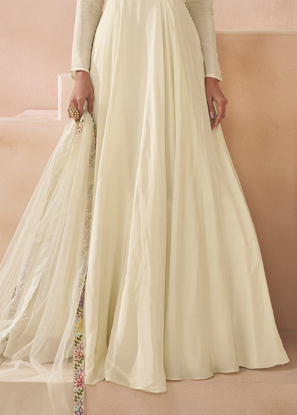 Pearl White Silk Anarkali Gown with Embroidery work - qivii