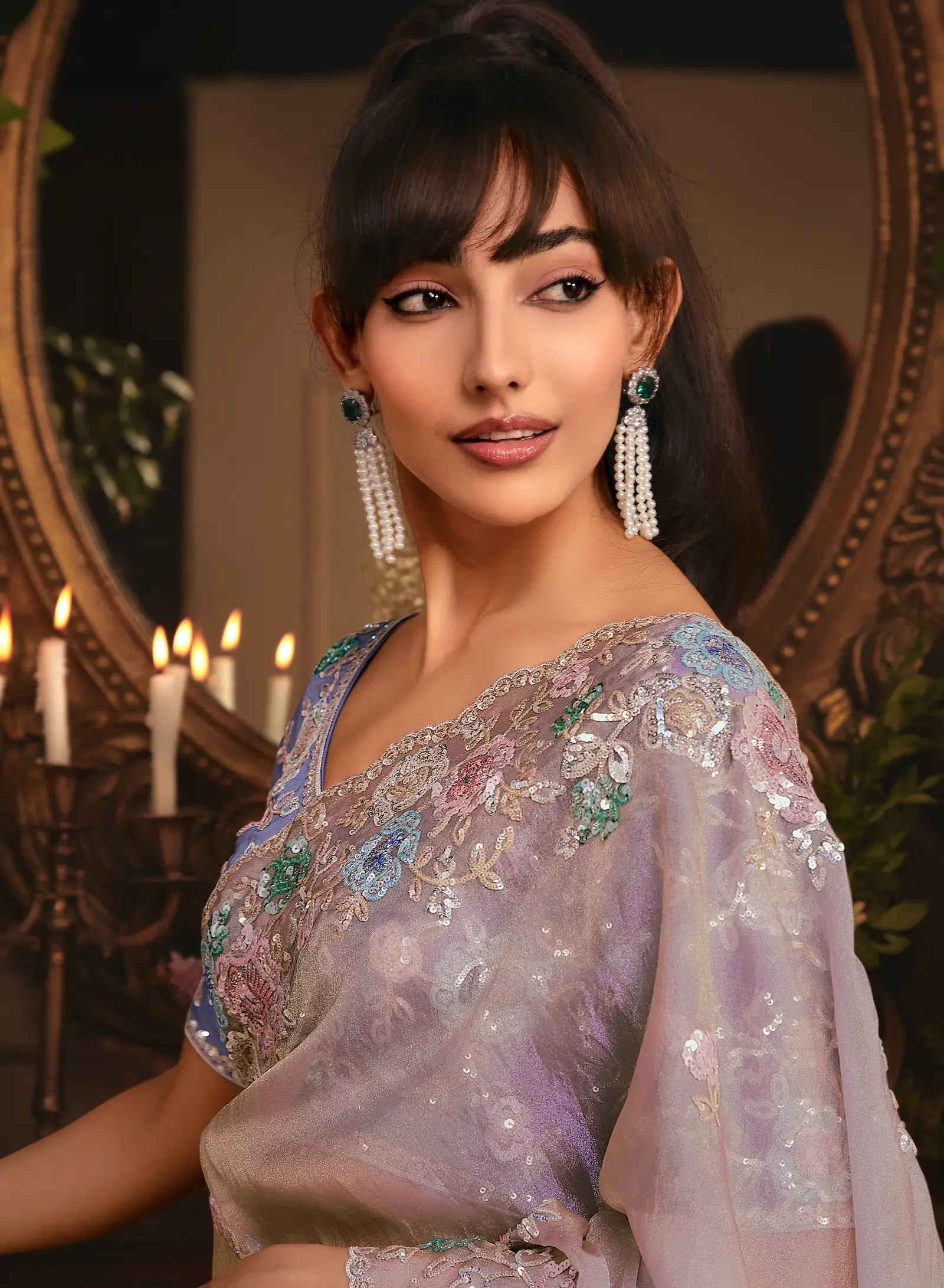 Dusty Lavender Tissue Organza Heavy Embroidery Saree - qivii