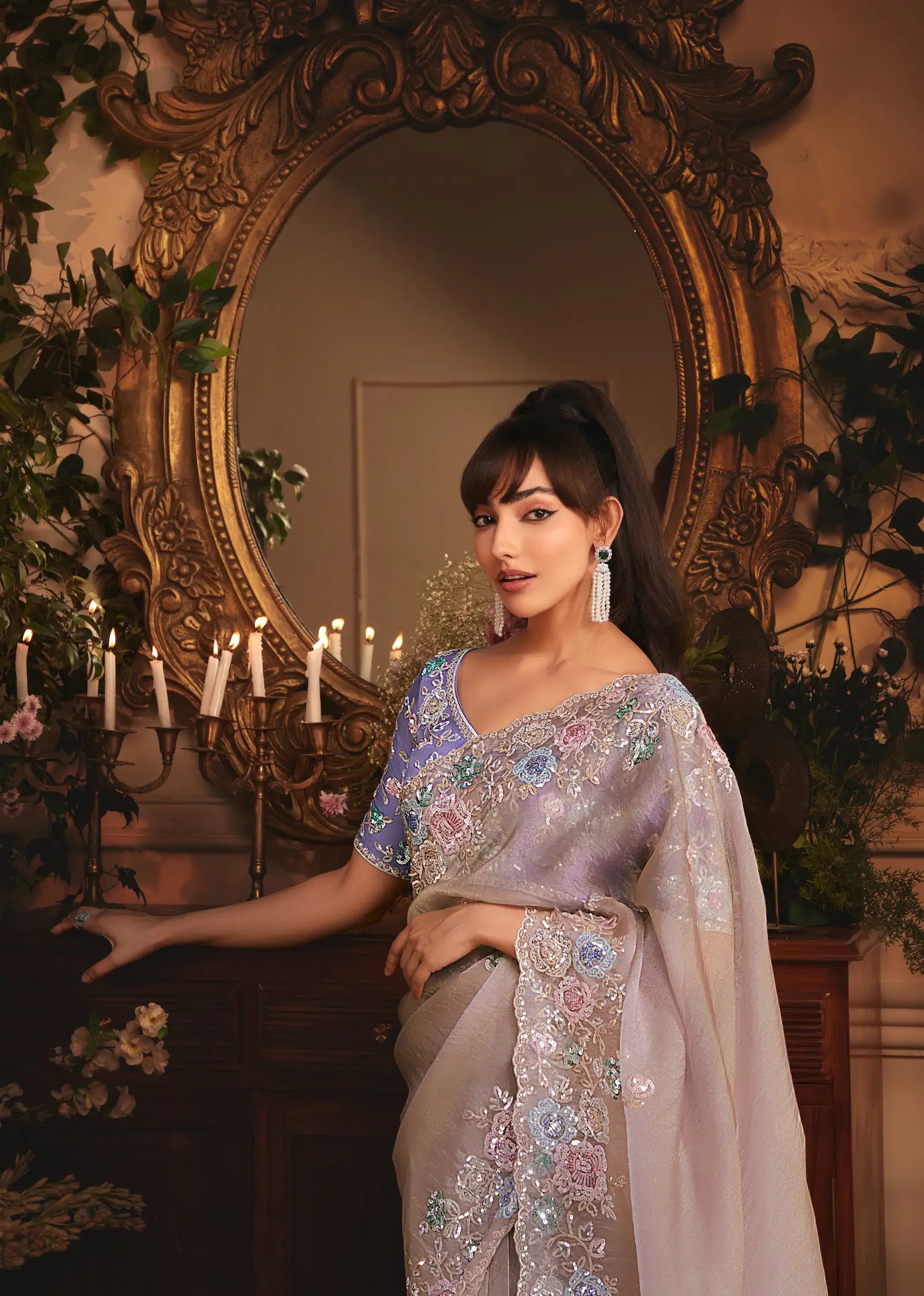 Dusty Lavender Tissue Organza Heavy Embroidery Saree - qivii