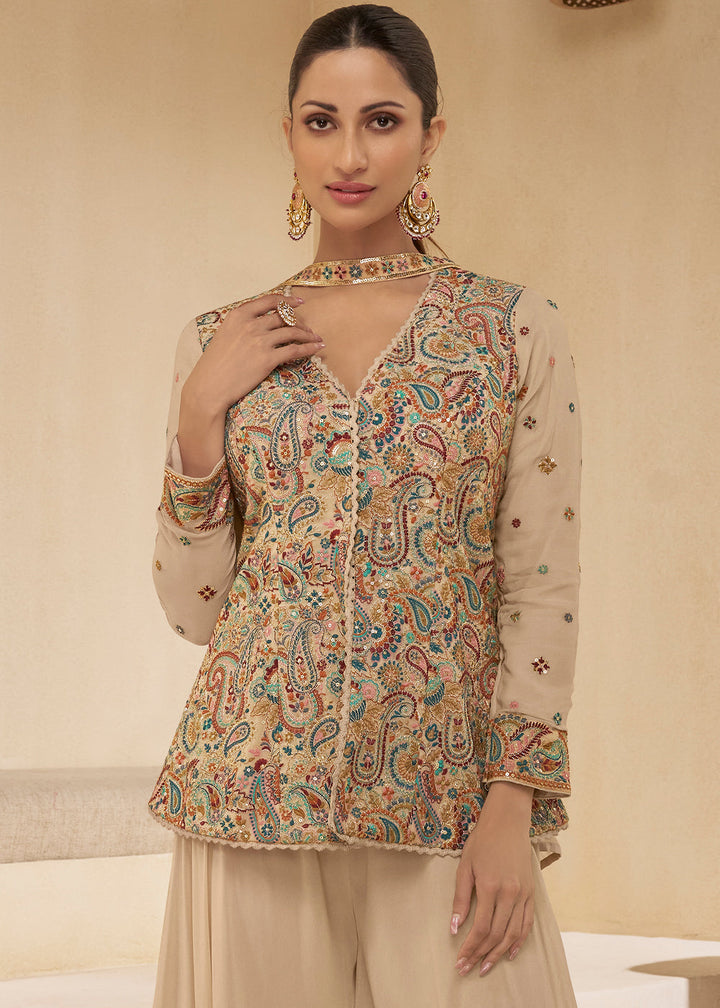 Light Brown Embroidered Georgette Plazzo Suit