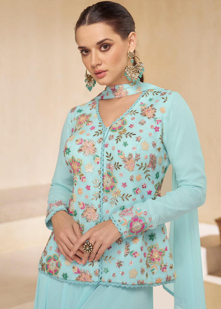 Sky Blue Embroidered Georgette Plazzo Suit