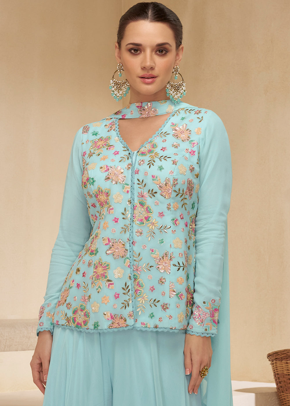 Sky Blue Embroidered Georgette Plazzo Suit