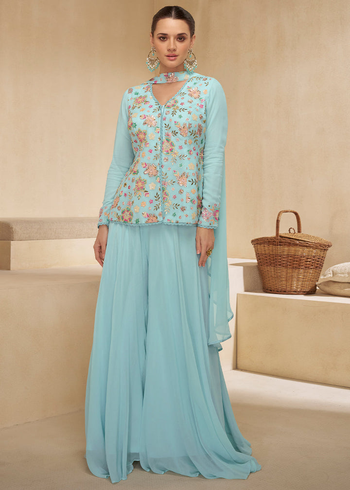 Sky Blue Embroidered Georgette Plazzo Suit