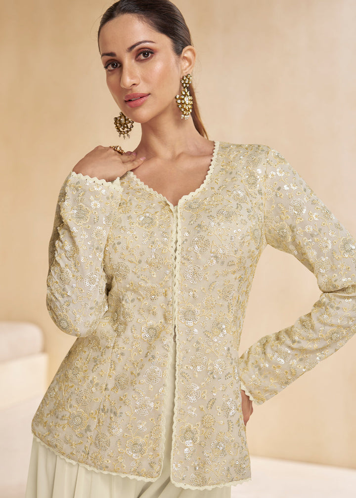 Pearl White Embroidered Georgette Plazzo Suit