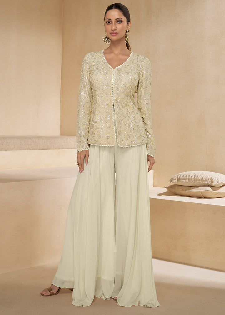 Pearl White Embroidered Georgette Plazzo Suit