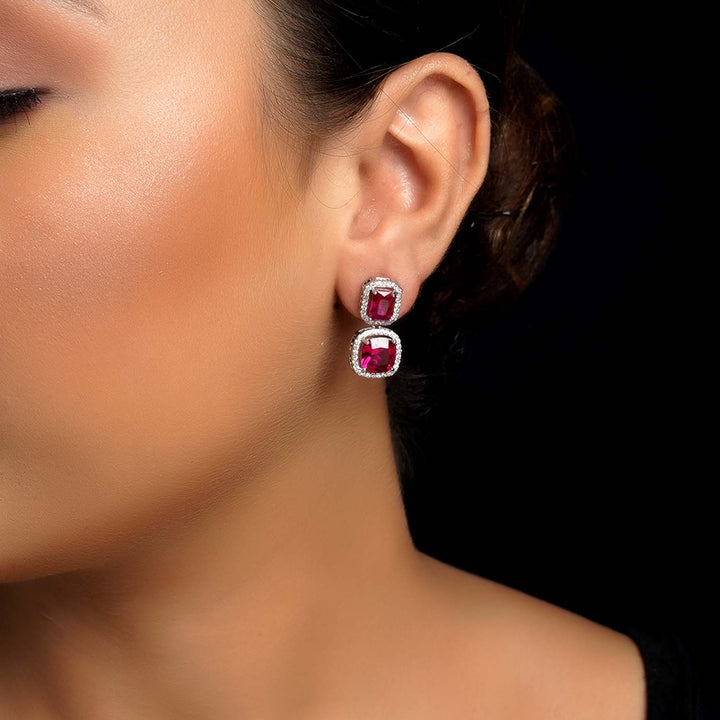 Daya Magenta Stones Silver Plated Diamond Earrings