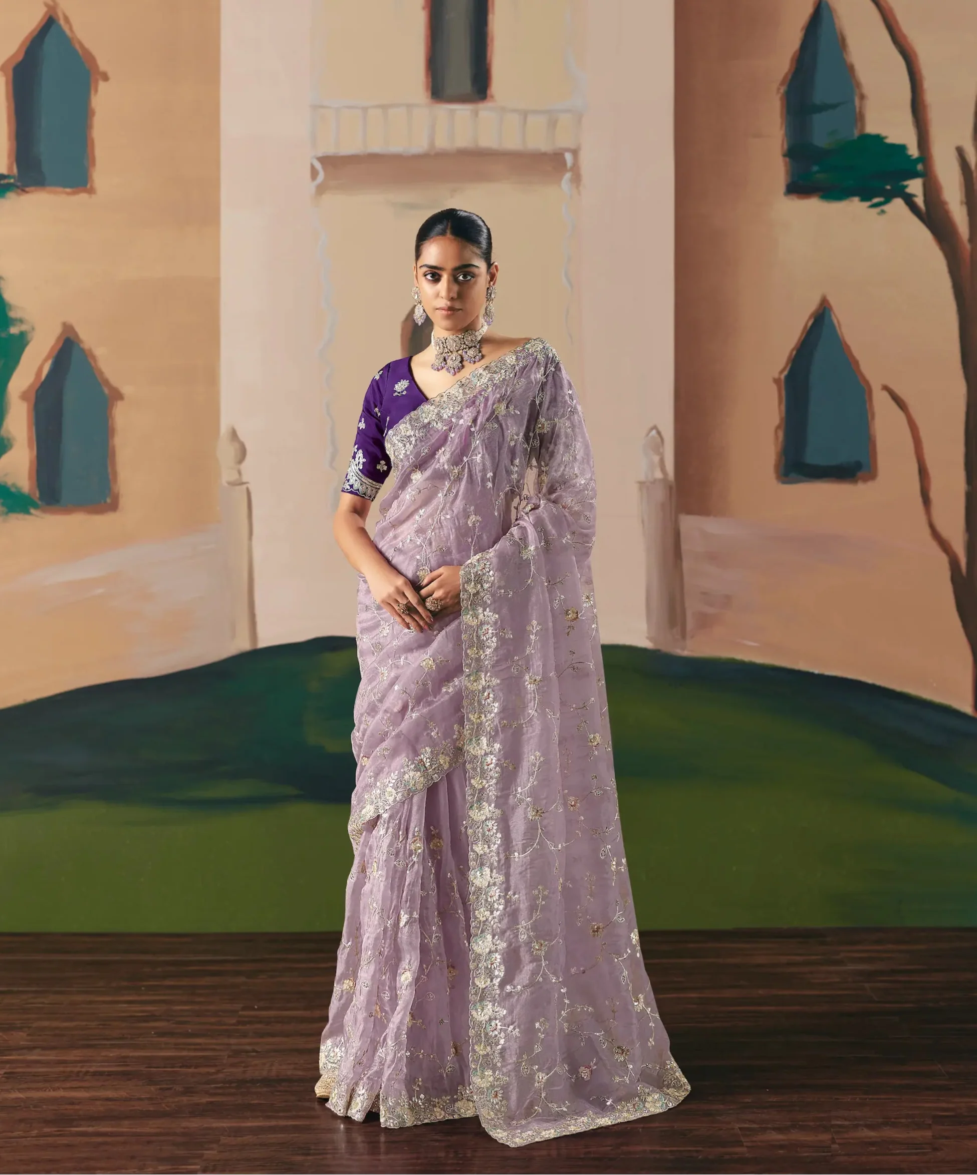 Lavender Fancy Embroidery & Stone Work Saree - qivii