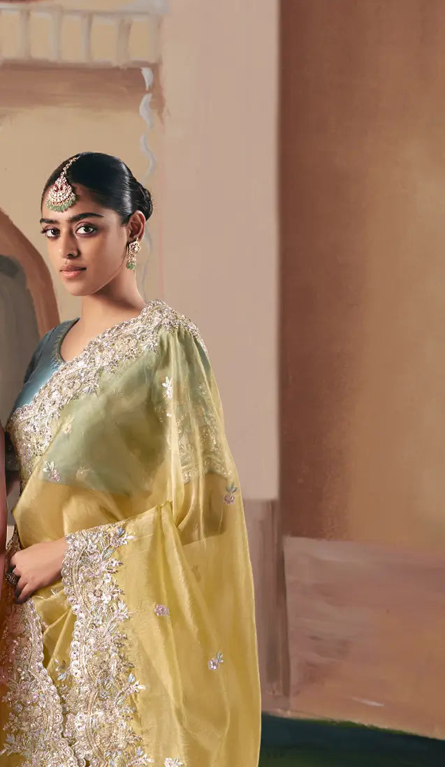 Sand Yellow Fancy Embroidery & Stone Work Saree - qivii