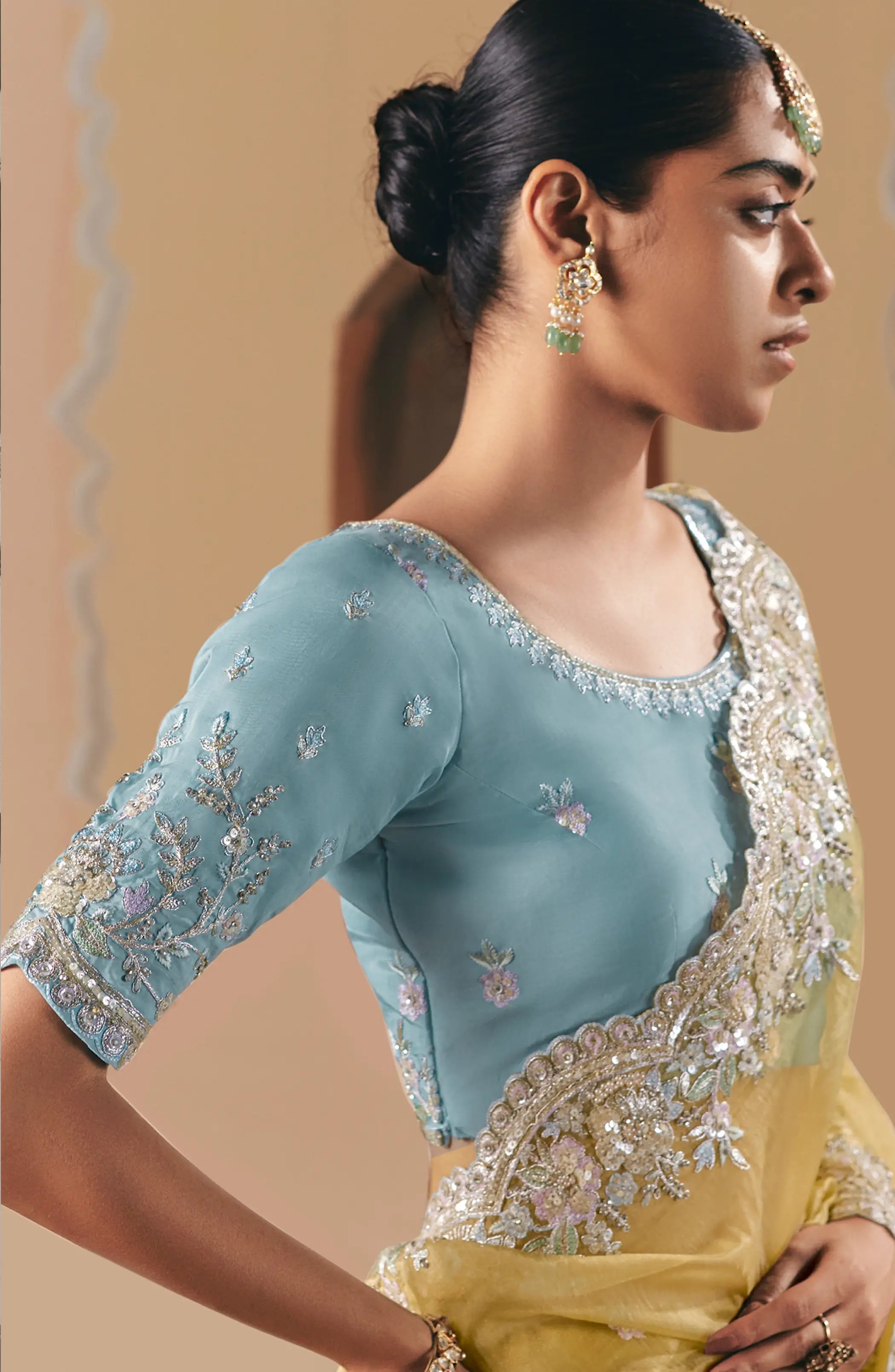 Sand Yellow Fancy Embroidery & Stone Work Saree - qivii