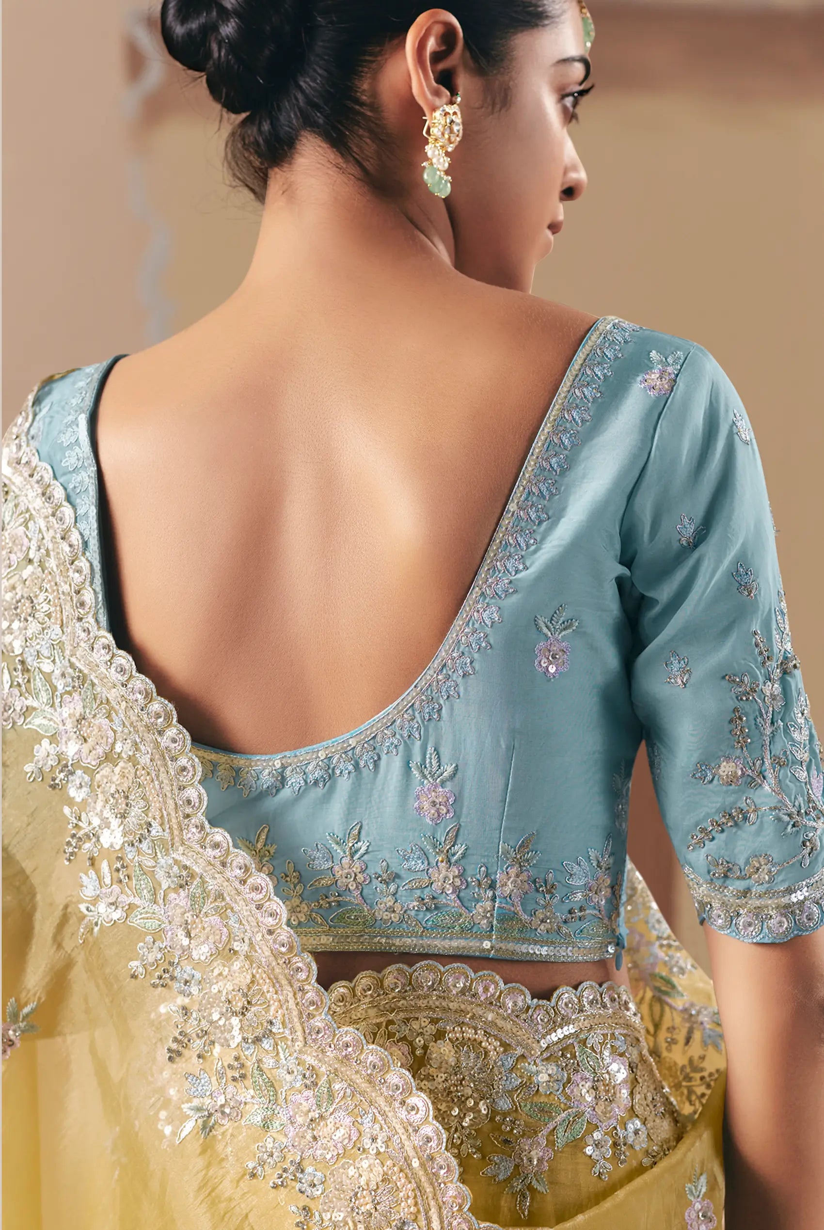 Sand Yellow Fancy Embroidery & Stone Work Saree - qivii