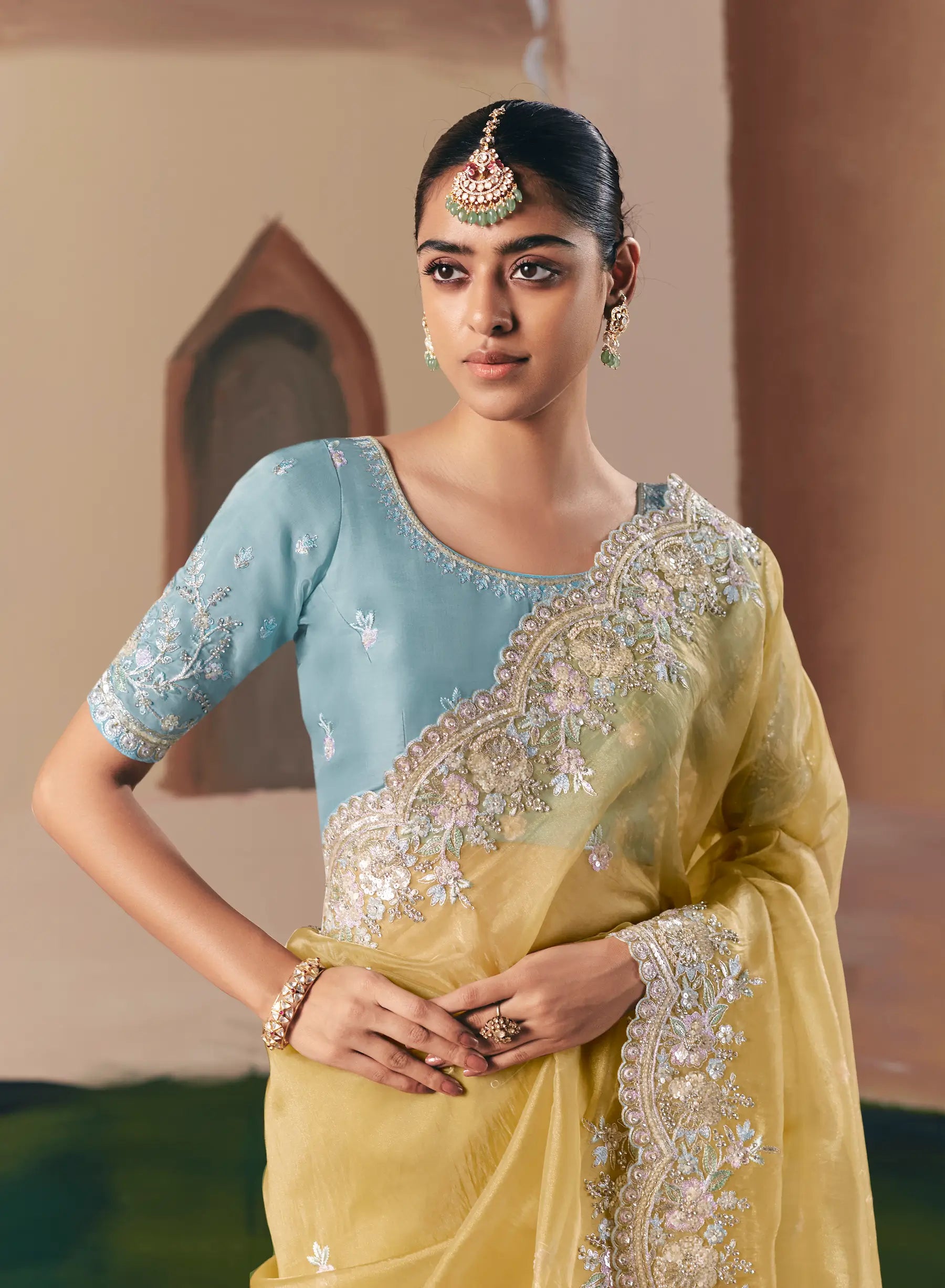 Sand Yellow Fancy Embroidery & Stone Work Saree - qivii