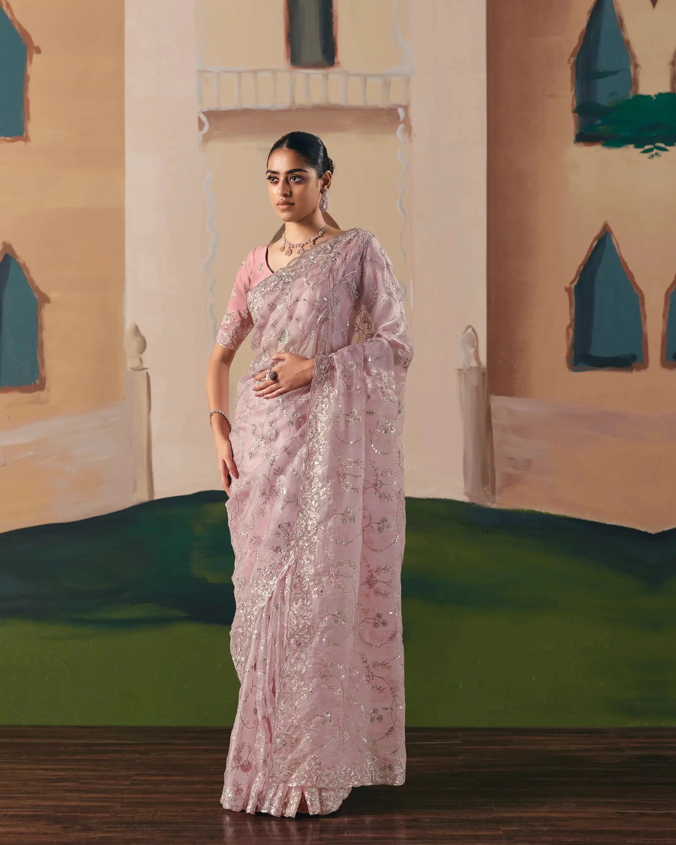 Daisy Pink Fancy Embroidery & Stone Work Saree - qivii