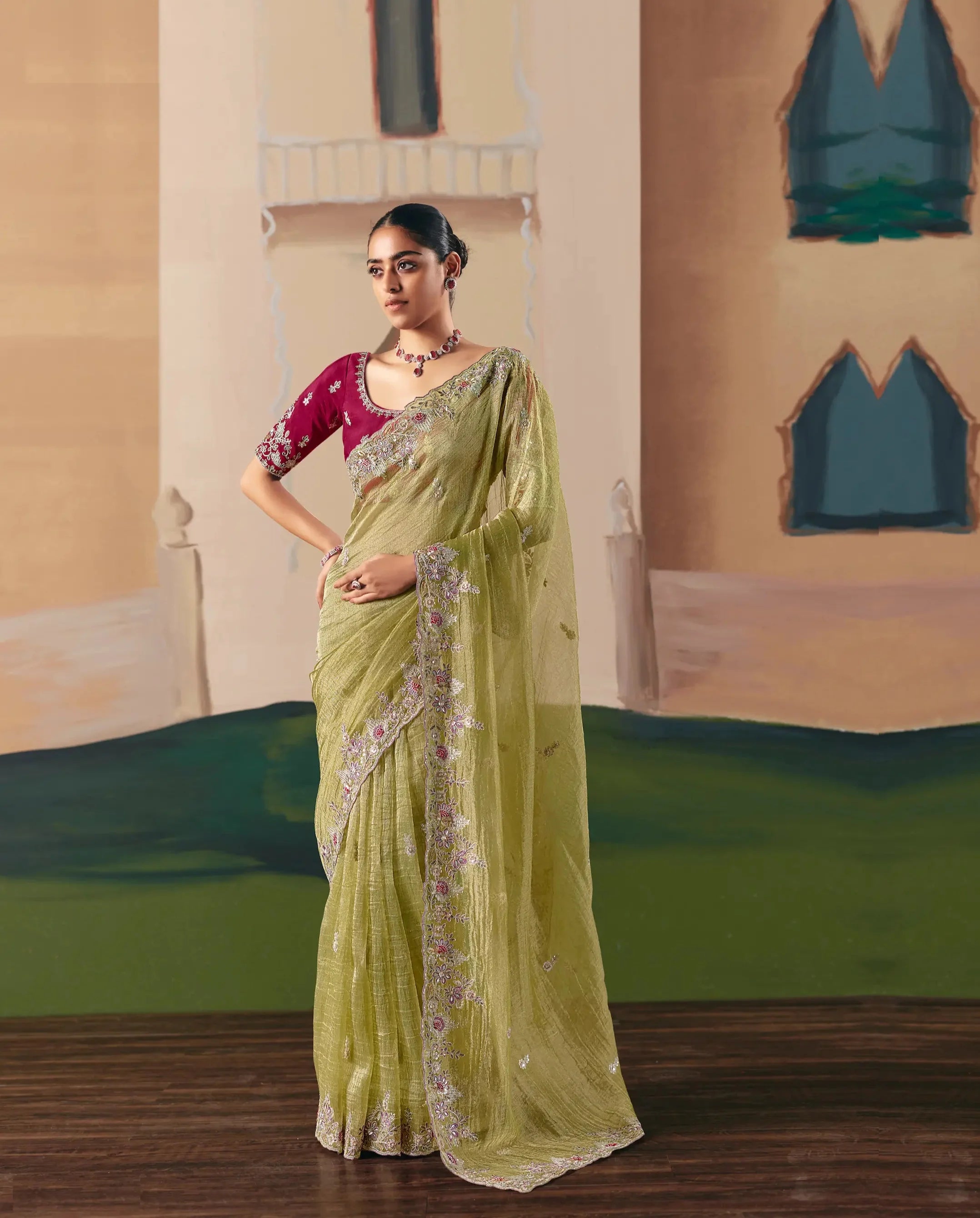 Parrot Green Fancy Embroidery & Stone Work Saree - qivii