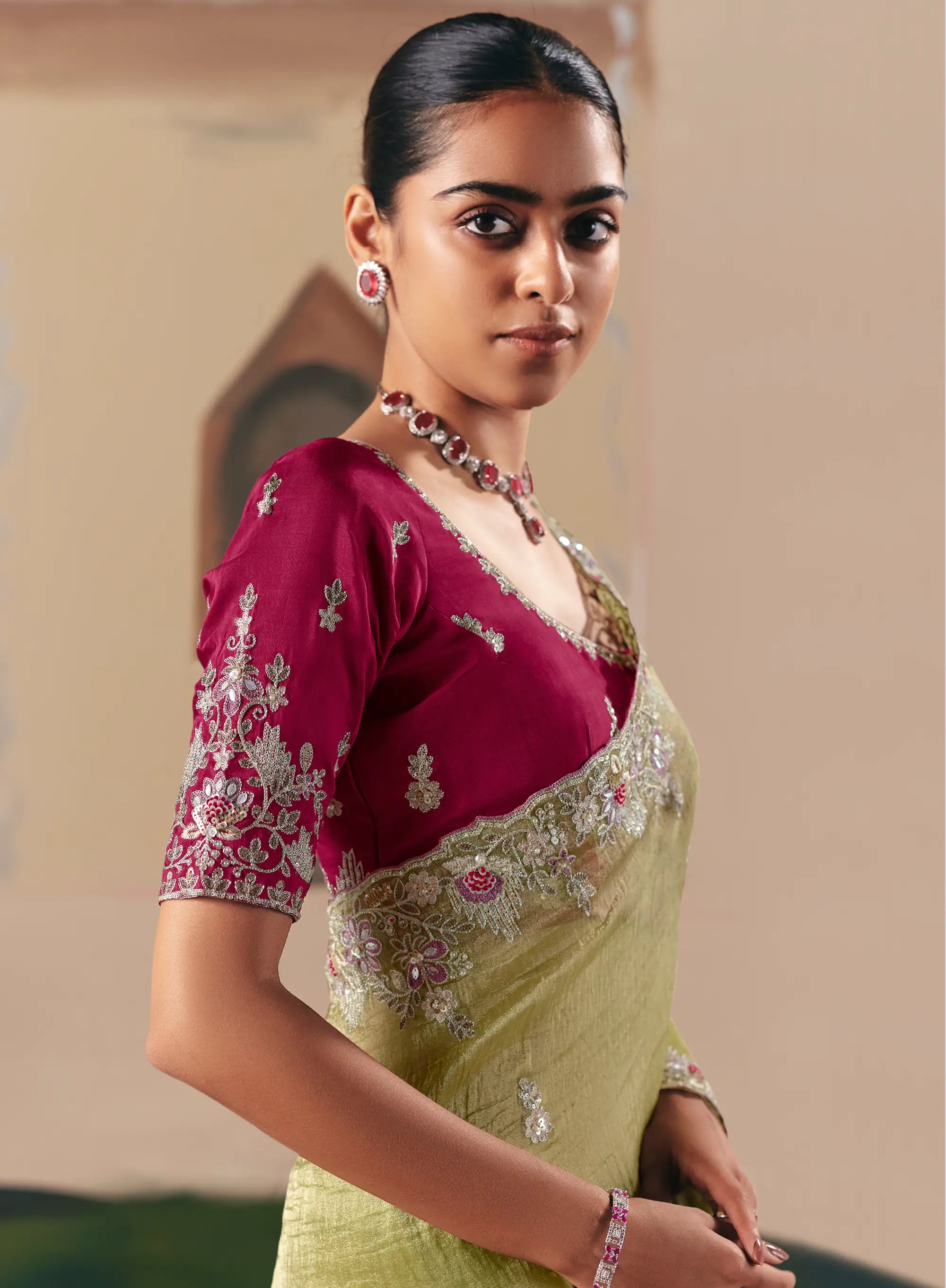 Parrot Green Fancy Embroidery & Stone Work Saree - qivii