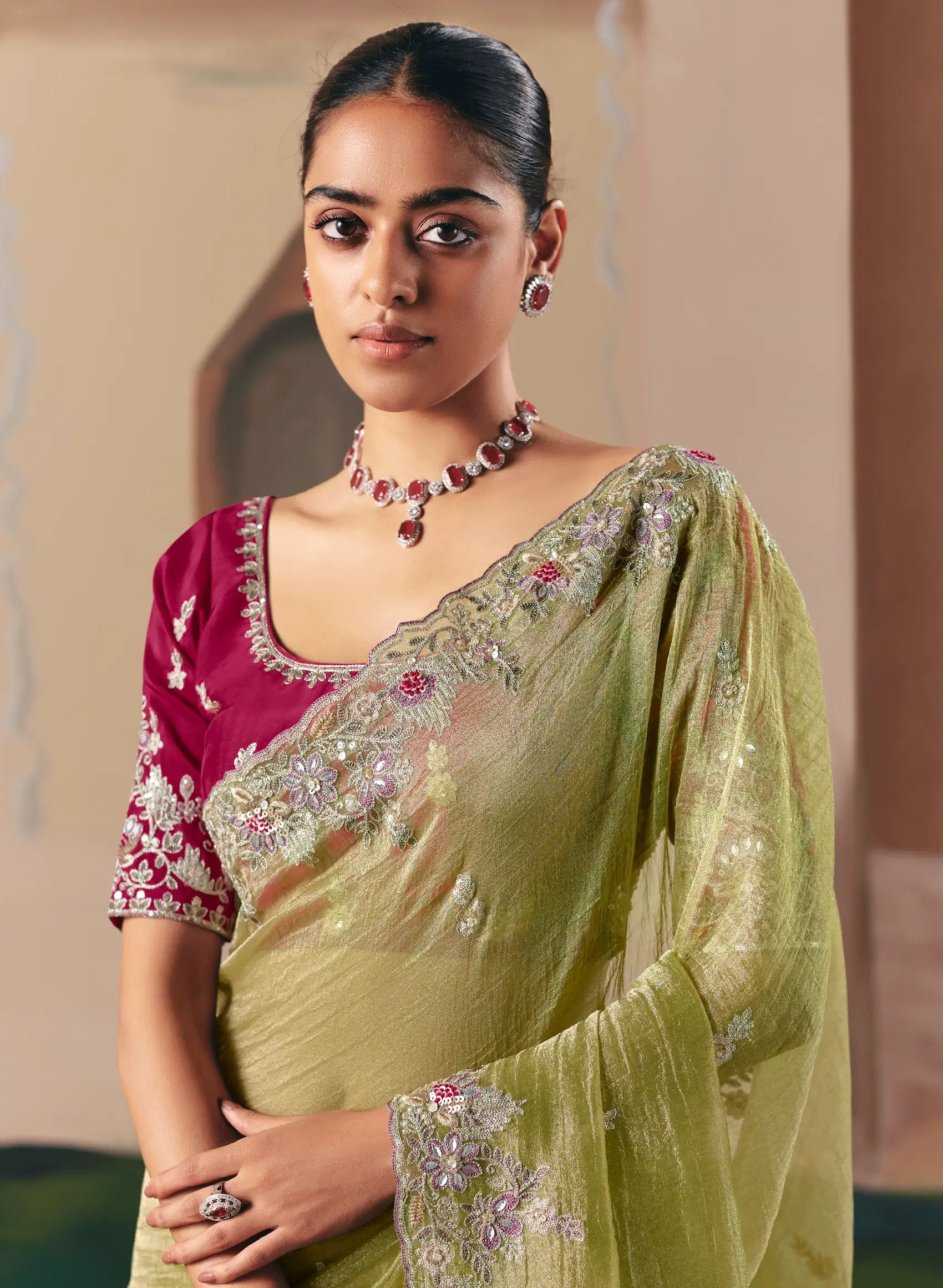 Parrot Green Fancy Embroidery & Stone Work Saree - qivii