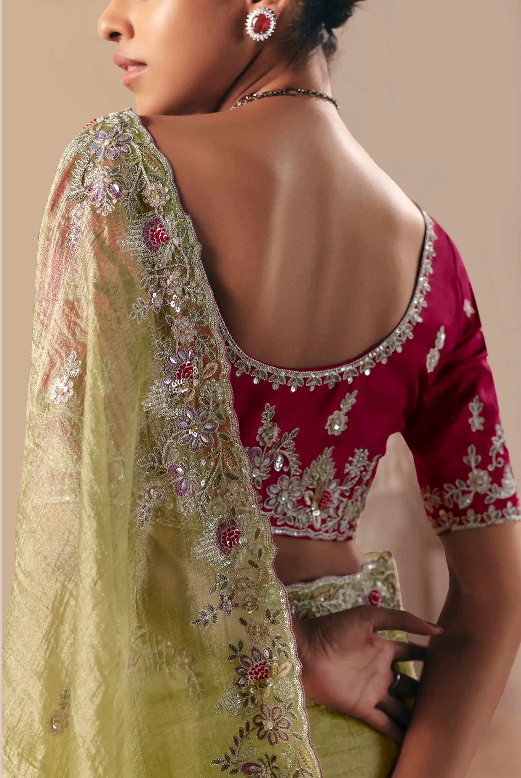 Parrot Green Fancy Embroidery & Stone Work Saree - qivii