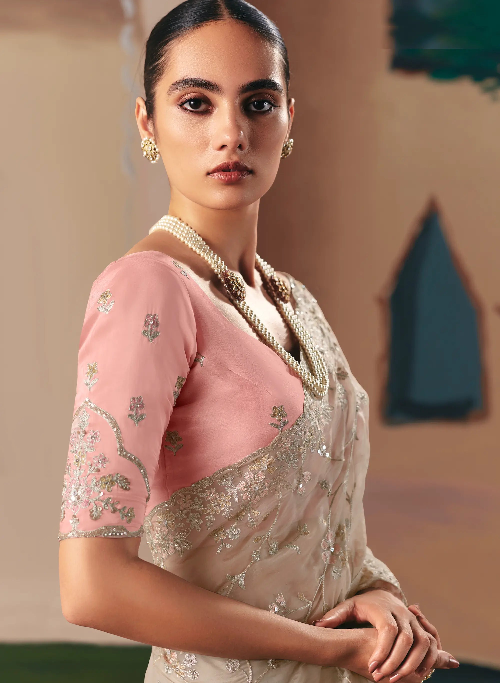 Dusty Grey Fancy Embroidery & Stone Work Saree - qivii