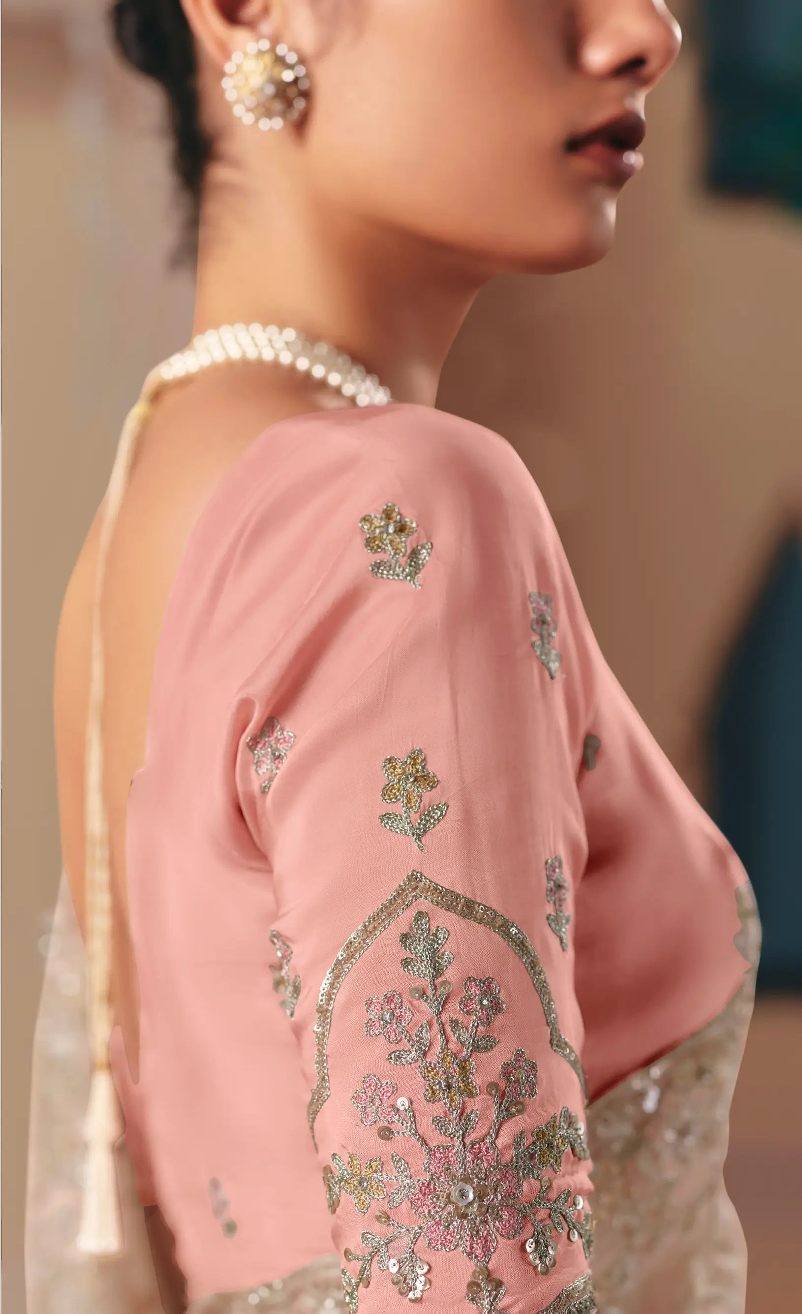 Dusty Grey Fancy Embroidery & Stone Work Saree - qivii