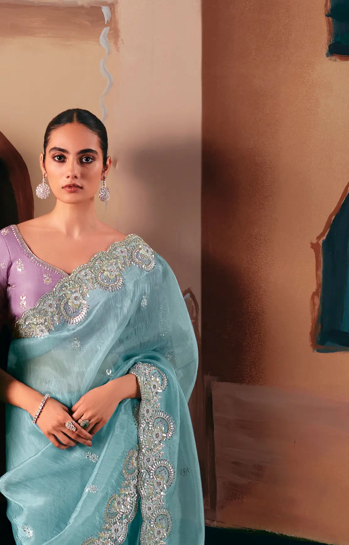 Sky Blue Fancy Embroidery & Stone Work Saree - qivii