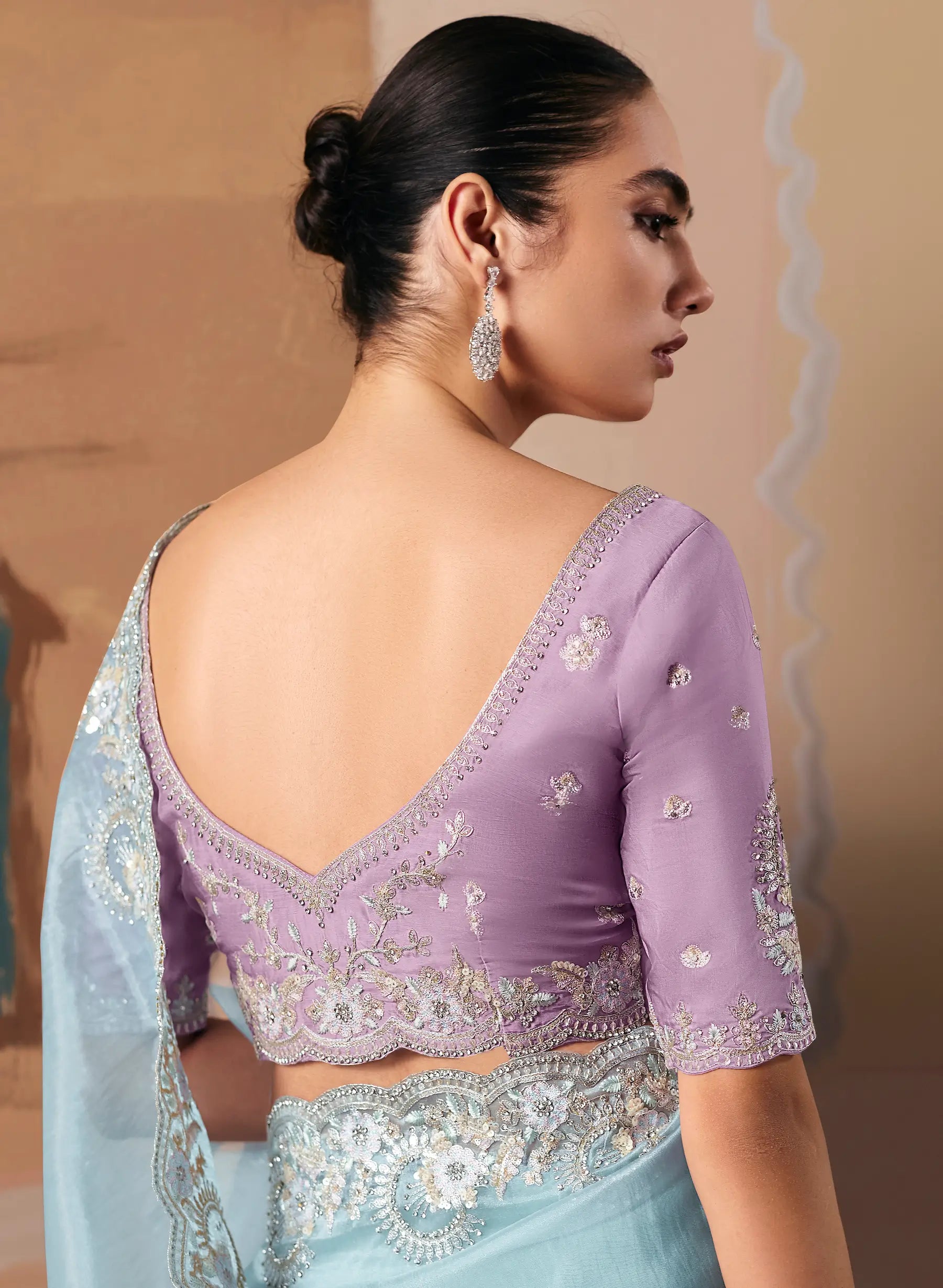Sky Blue Fancy Embroidery & Stone Work Saree - qivii