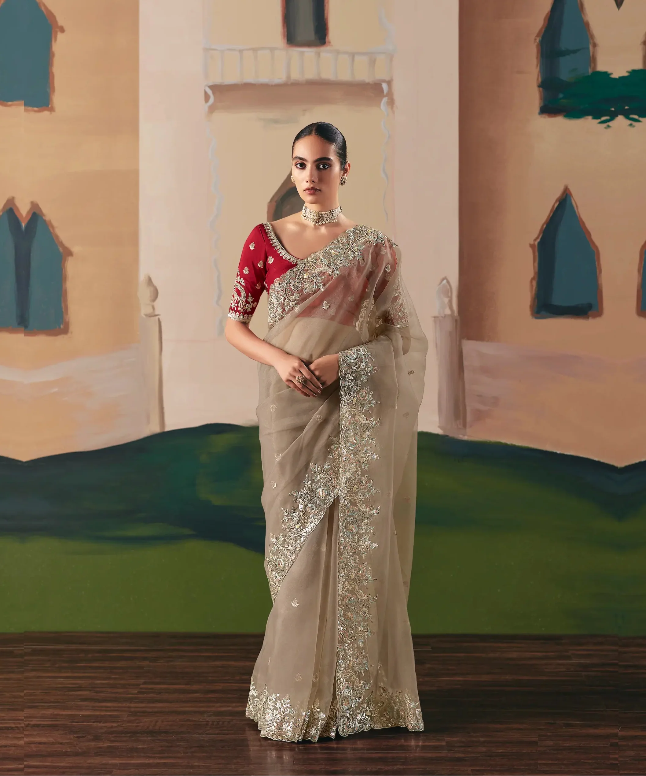 Sand Brown Fancy Embroidery & Stone Work Saree - qivii