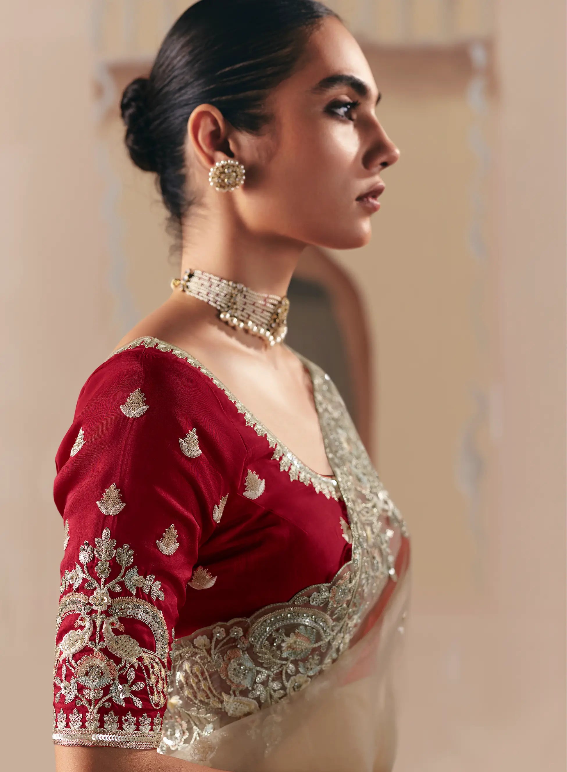 Sand Brown Fancy Embroidery & Stone Work Saree - qivii