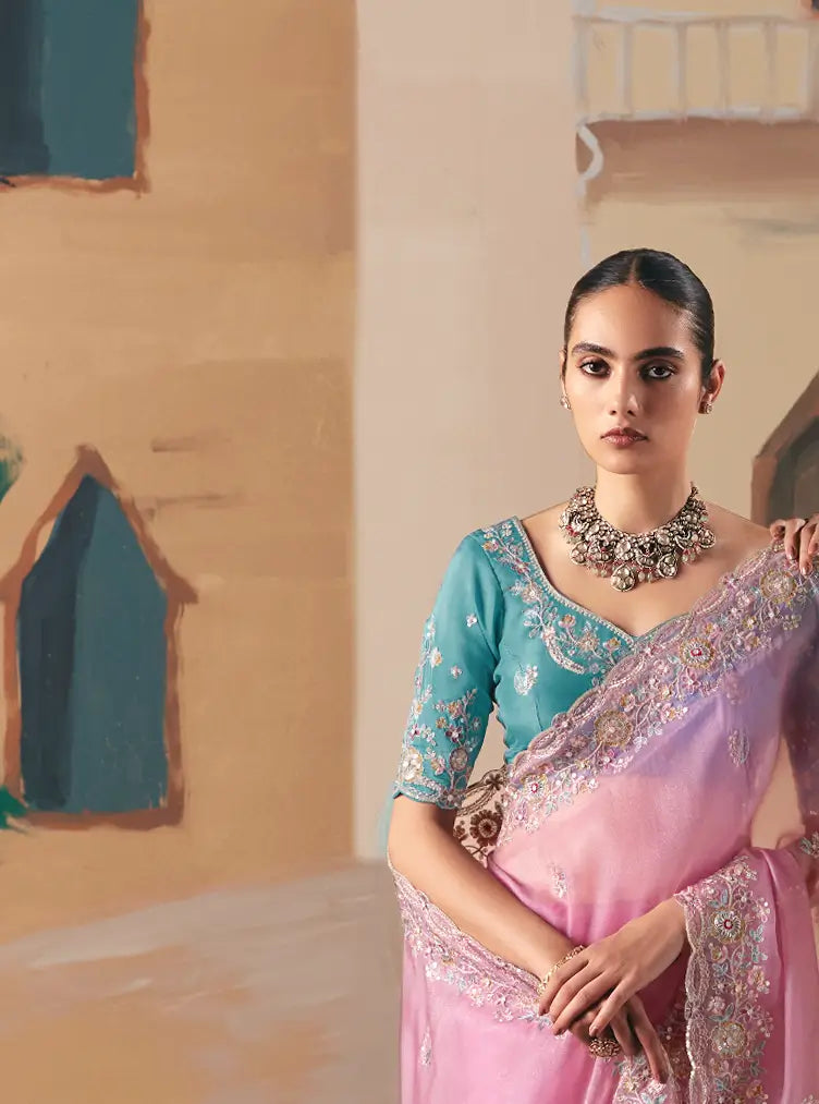 Rosy Pink Fancy Embroidery & Stone Work Saree - qivii