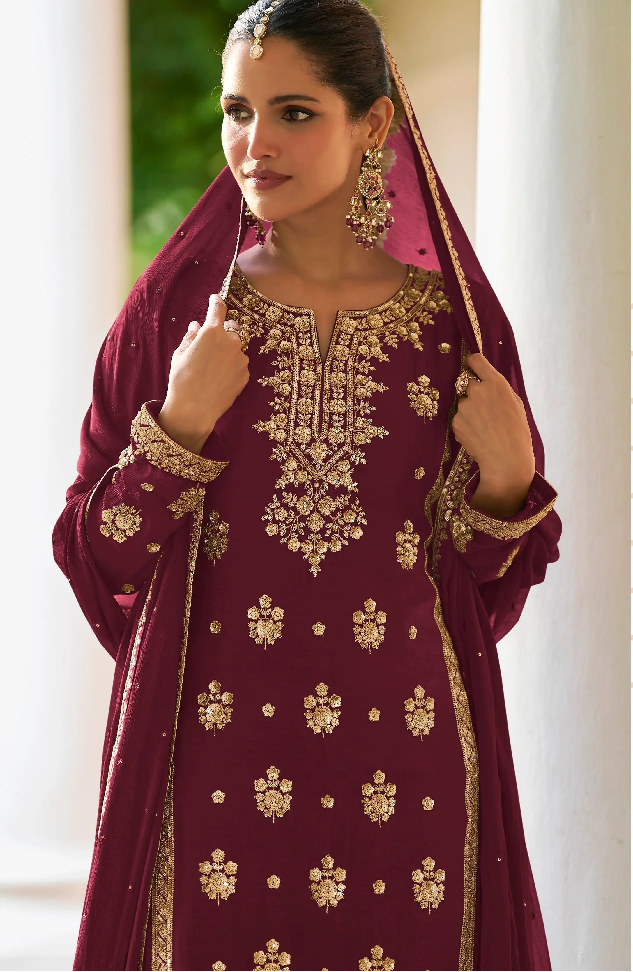 Maroon Real Chinon Salwar Suit With Front & Back Embroidery Work