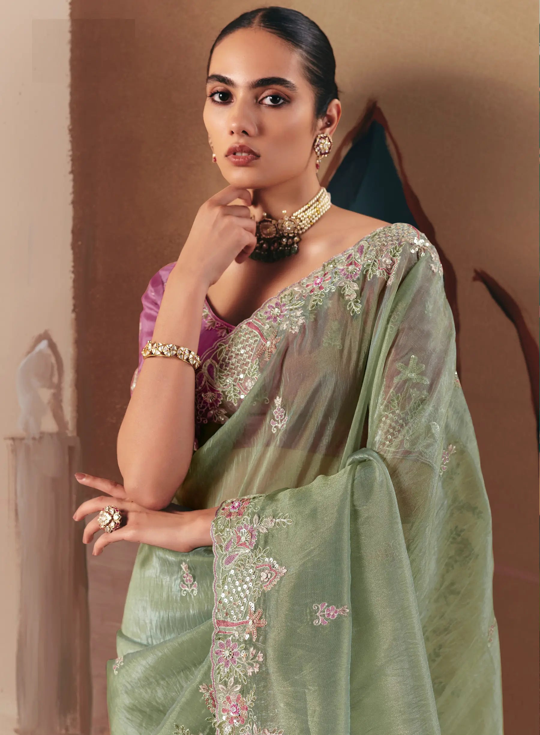Sage Green Fancy Embroidery & Stone Work Saree - qivii