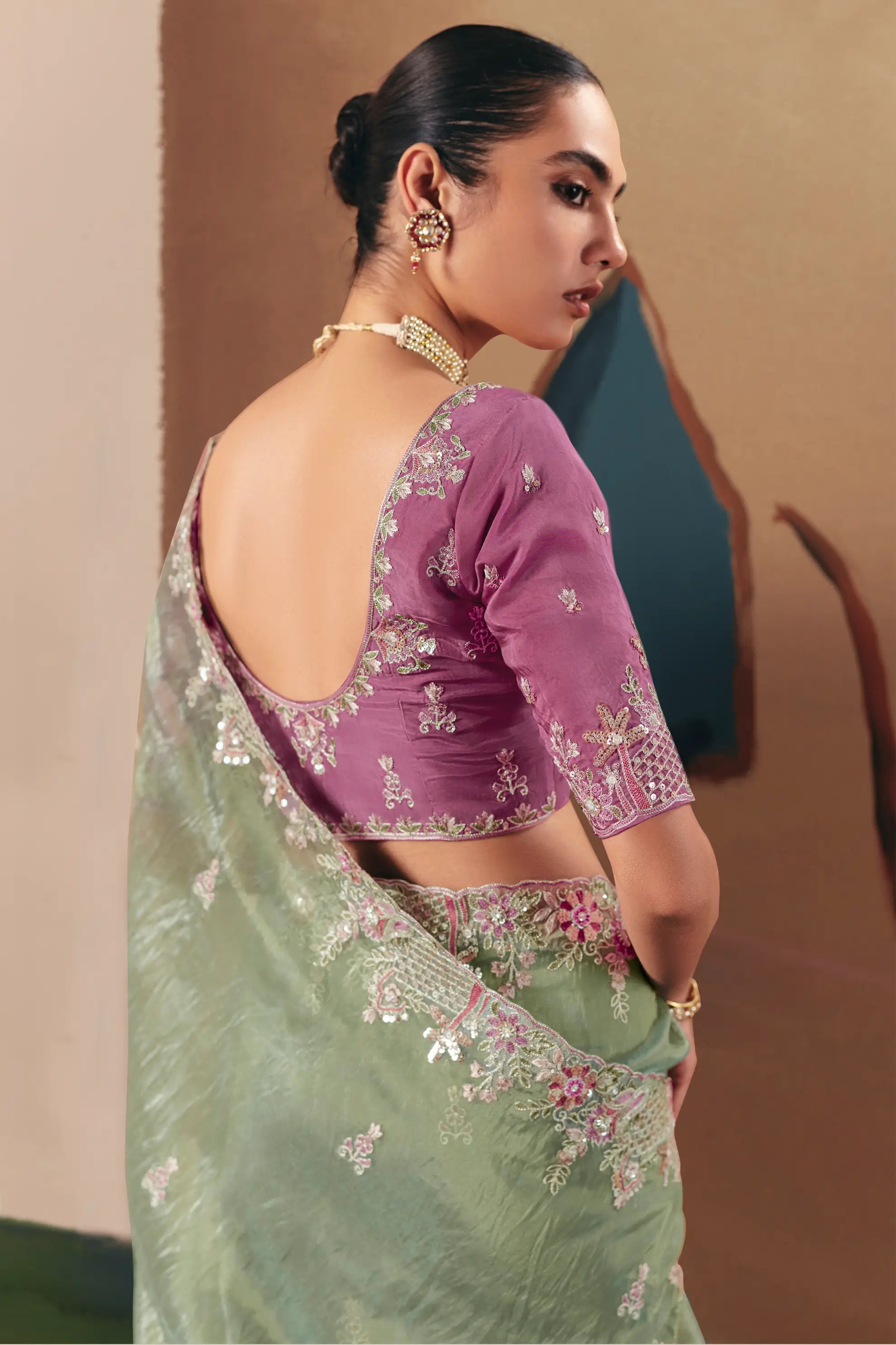 Sage Green Fancy Embroidery & Stone Work Saree - qivii
