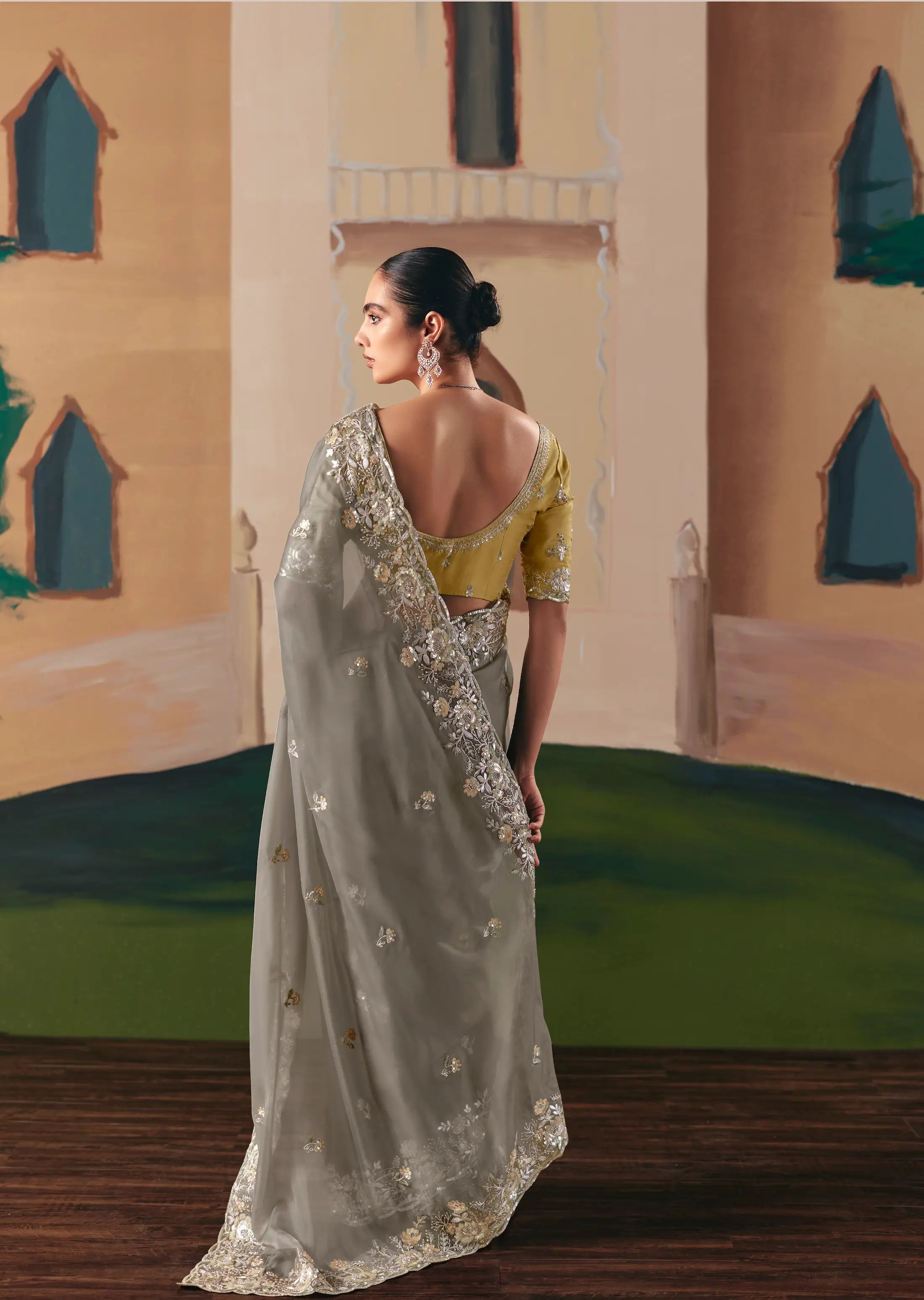 Dark Grey Fancy Embroidery & Stone Work Saree - qivii